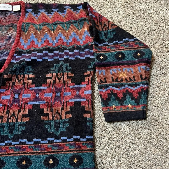VINTAGE John Henry Wool Heavyweight Aztec Geometric Cardigan Sweater Button Up M - Picture 7 of 11